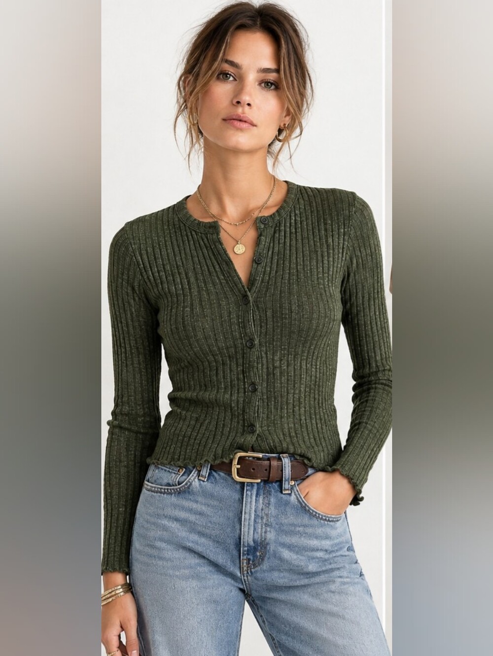 Madewell Olive Green Ribbed Cotton Cardigan Lettuce Hem Henley Look